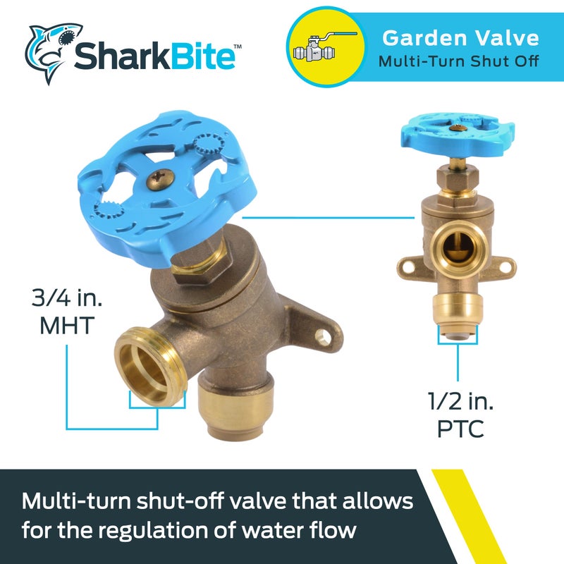 SharkBite 1/2 Inch x 3/4 Inch MHT Garden Valve, Multi Turn, Push to Connect Brass Plumbing Fitting, PEX Pipe, Copper, CPVC, PE-RT, HDPE, 24622LF - Image 2